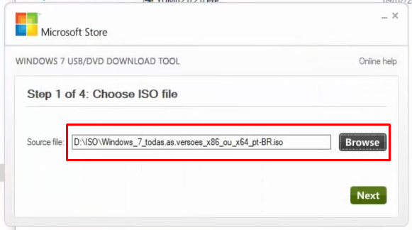 selecionando ISO Windows 7 USB/DVD Tool Pendrive Bootavel